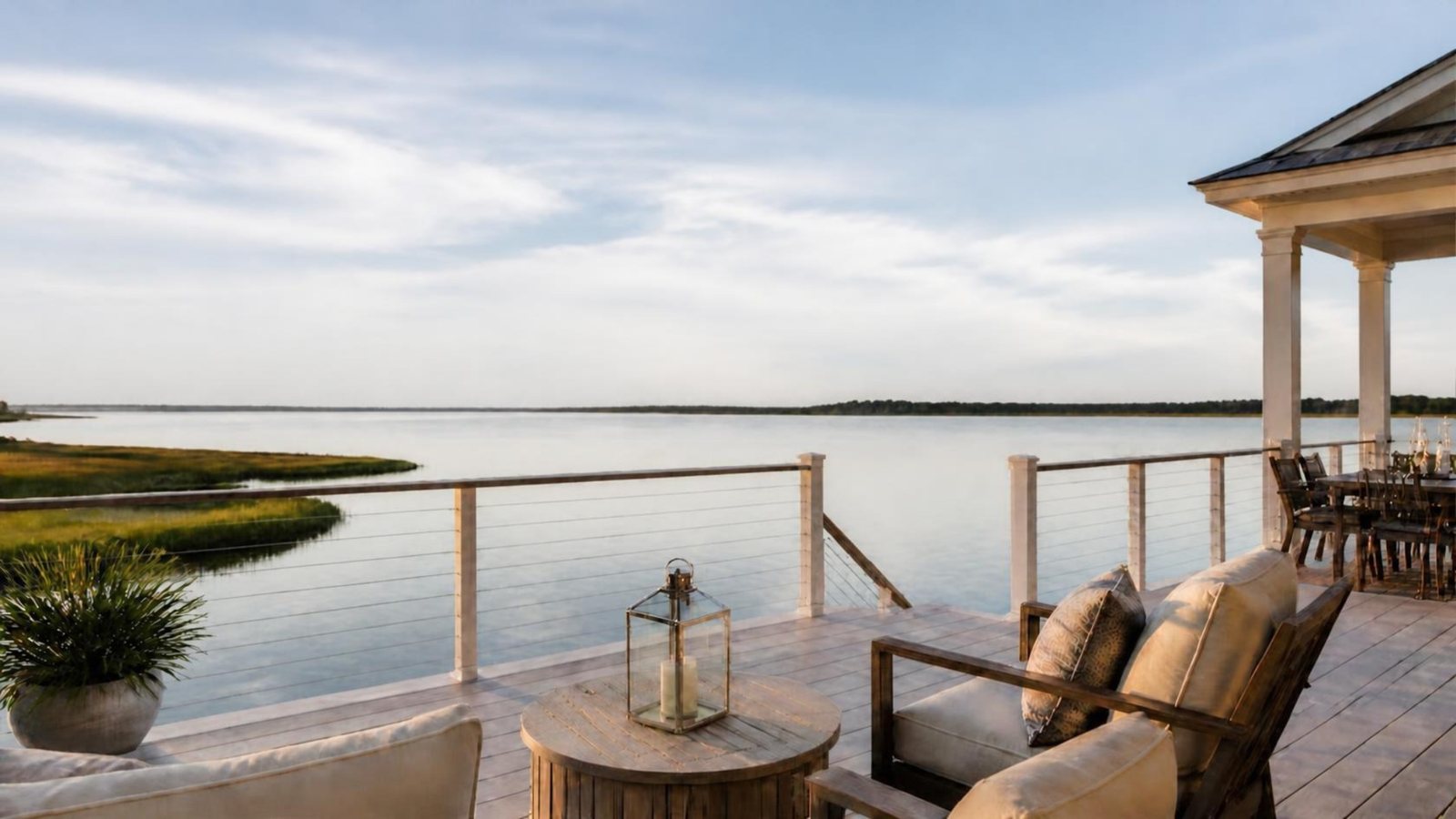 A furnished waterfront deck with cable railing overlooking calm sound waters and marsh grass
