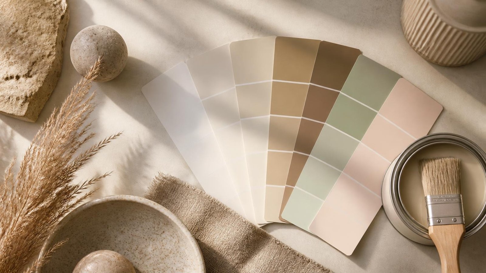 Paint swatches in warm neutrals, sage and blush beside a paint can and brush