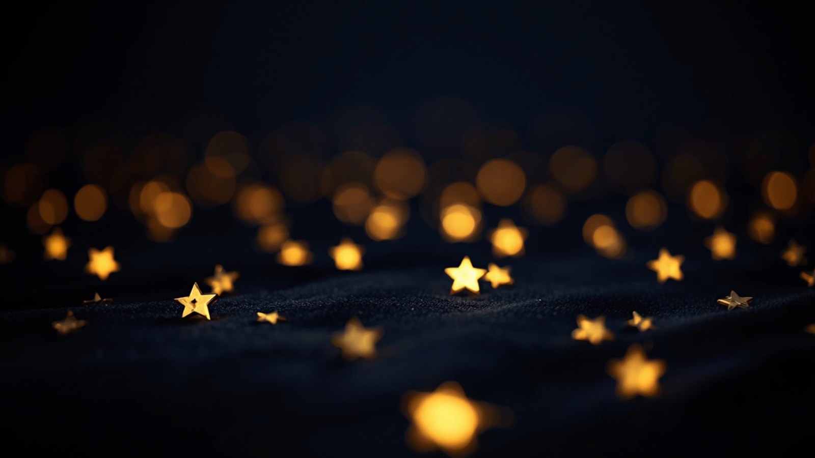 Small gold stars scattered across deep navy velvet with soft golden lights