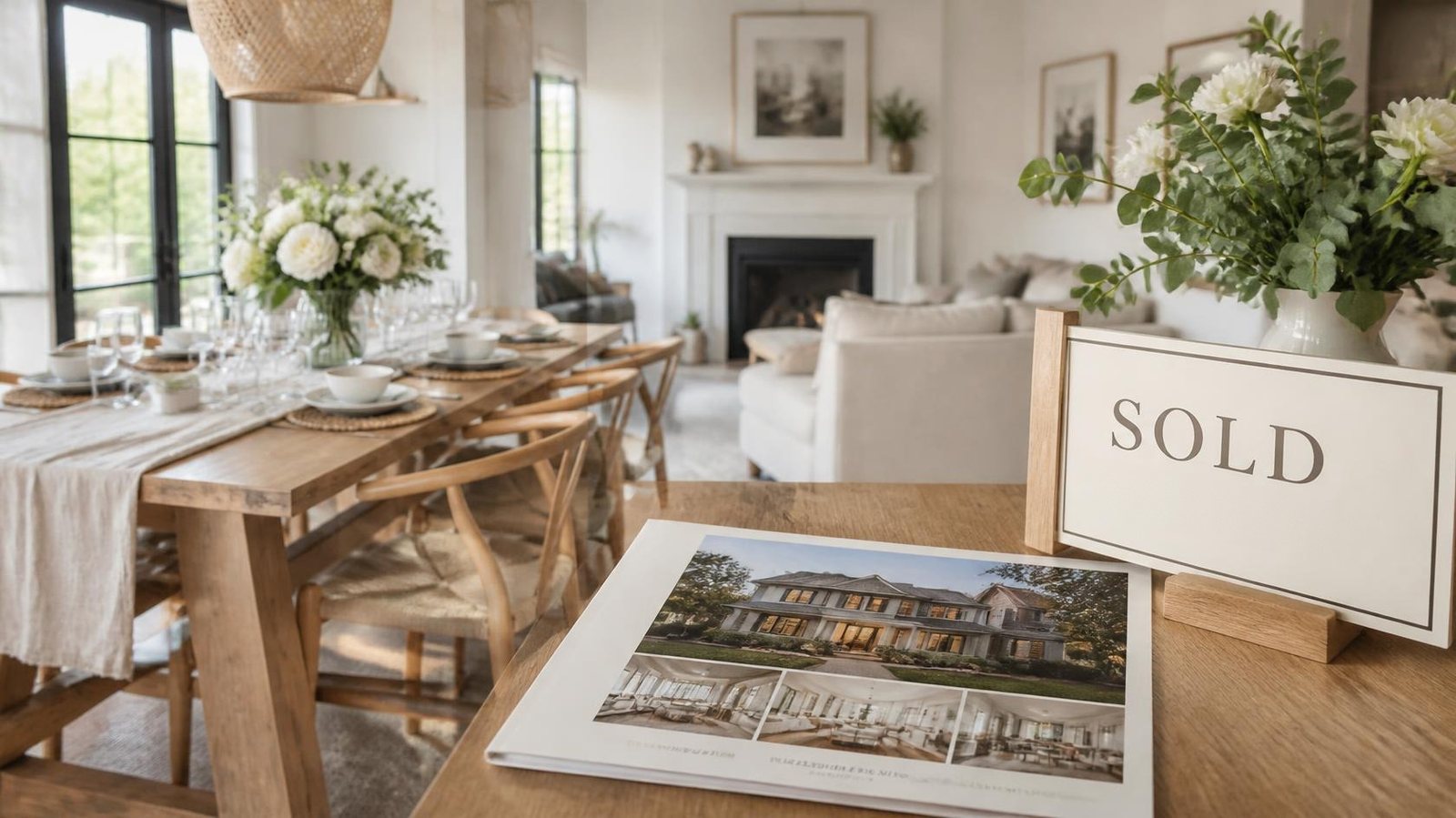 A bright, staged dining and living room with a listing brochure and a sold sign on the table
