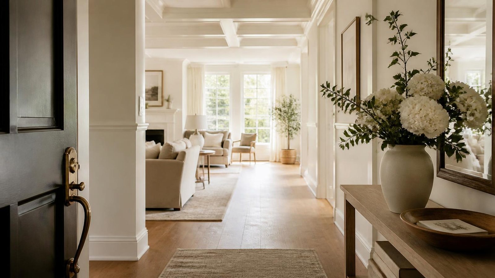 An open front door revealing a bright entry with white hydrangeas on a console and a light-filled living room beyond